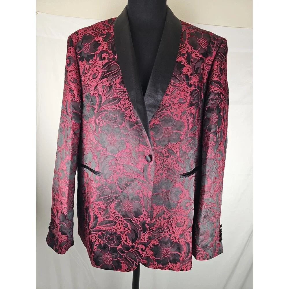 HI-TIE Mens 2XL Red Black Floral Tuxedo Dinner Blazer Jacket NWT
